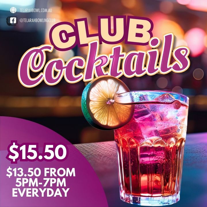 Featured image for “Who doesn’t love a good cocktail?! At TBC we’re serving up a range of classy concoctions from just $15.50 – or, if you come in from 5pm-7pm, you’ll get them for just $13.50!  How good is that! Available every day – grab a friend and head in to the club this weekend for a drink or two! — — — Telarah Bowling Club believes in the responsible service of alcohol. Remember moderation is the key, stay mindful of your limits and prioritise your wellbeing and safety.”